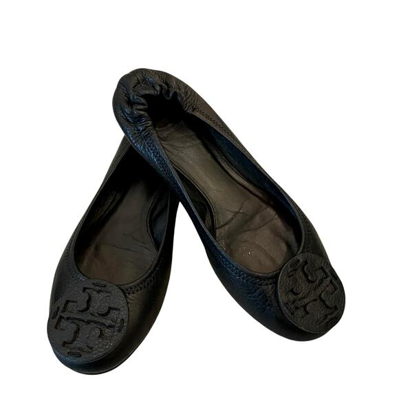 TORY BURCH Reva Scrunch Black Leather Ballet Flats Logo Women's Size US 8 - Picture 8 of 13